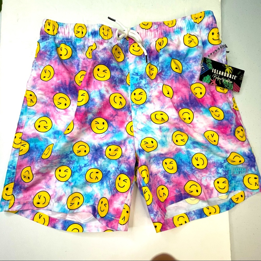 Islandhaze Mens XL Size Multi Colored Swim Trunks Smiley Face Bathing Suit